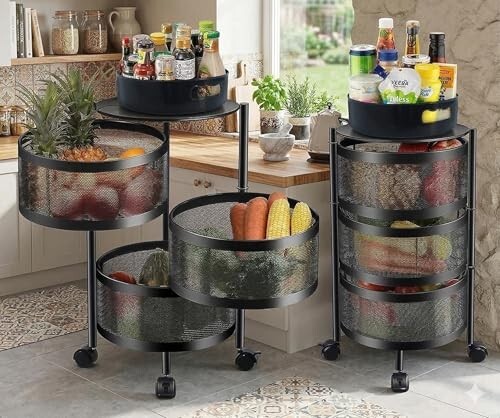 HomeWiz 3-Layer Round Kitchen Trolley | Movable Storage Organizer for Fruits & Vegetables | Perforated Mesh Baskets with Solid Flat Top 