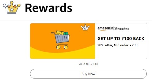 Amazon Pay GC | 20% off (₹100) | Min order: ₹299 | Valid till 30th July 2026 | Works without Amazon Prime also | Claim: Twice (₹100x2 CB on ₹500x2)