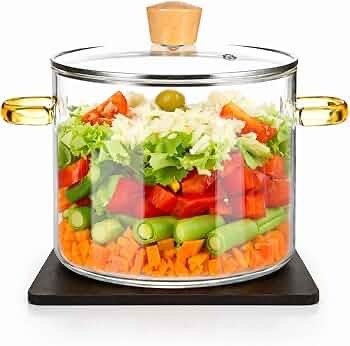 Glass Simmer Pot 1.5L with Lid | Heat Resistant | Stove Top | Pasta Soup Baby Food | Wooden Stand