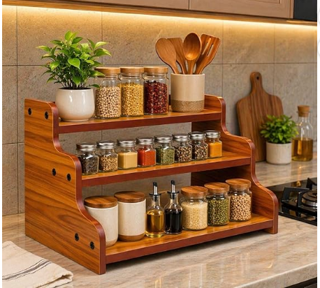 3-Tier Spice Rack, 13.8 Inch Wood Step Shelf Countertop Spice Storage Holder
