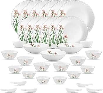 La Opala Opal Glass Crockery | for Family of 6 | Dinner Set 35 pcs Pink Florets |