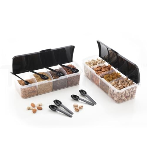 MasalaGhar 4 in 1 Masala Box, Pack of 2, 1800ml with 4 Spoons for Kitchen Storage - BPA Free Transparent Container for Spices Pickle Dry Fruits Grains Snacks with Colorful Lids