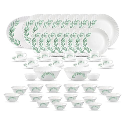 La Opala Diva Classique Collection Opal Glass Crockery | for Family of 8 | Dinner Set 53 pcs Olive Trails | Plates, Bowls & Cups for Dining | Microwave Safe | 100% Vegetarian | Extra Strong | White
