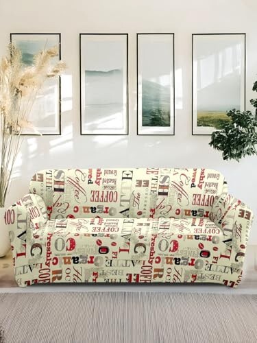 Amazon Brand - Solimo Polyester Streachable Retro Printed Alphabet Sofa Cover (Two Seater Sofa Cover,Beige)