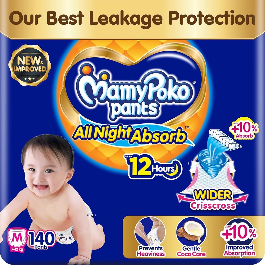 Mamypoko Pant Style Baby Diapers M Size 140 Count | All Night Absorption | 7-12 Kgs