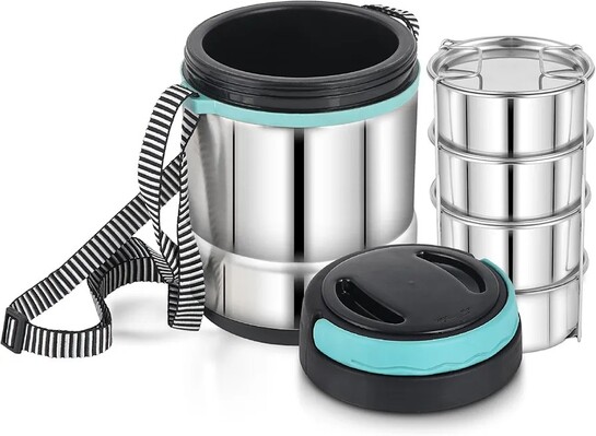 Pigeon Stainless Steel Insulated Lunch Box with Tiffin,4Pcs Food Containers 320ml Each Hot and Cold Upto 3-4Hrs