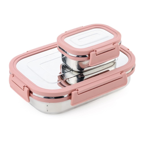 BLLUEX Stainless Steel Tiffin Box Pink | 4 Clip Lock | Leak Proof | 750ml+250ml | Work School