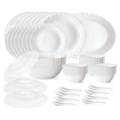Larah by Borosil Plain White Silk Series Opalware Dinner Set | 47 Pieces for Family of 8 | | Snow