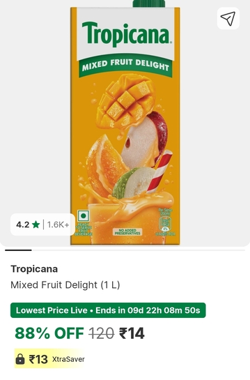 Flipkart - 1L tropicana mix fruit juice @ Rs.14