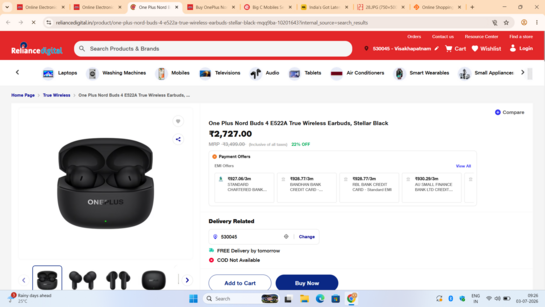 One Plus Nord Buds 4 E522A True Wireless Earbuds, Stellar Black
