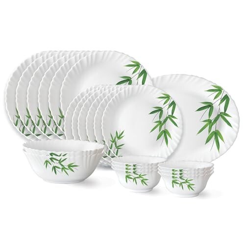 Larah by Borosil Bamboo Leaves Fluted Series Opalware Dinner Set Of 6 Full Plate, (White, 21 Pieces)