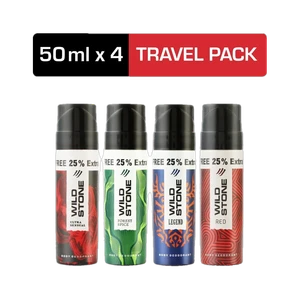 Wild Stone Forest Spice, Legend, Ultra Sensual & Red Travel Pack (50ml each) Deodorant Spray  -  For Men (200 ml, Pack of 4)