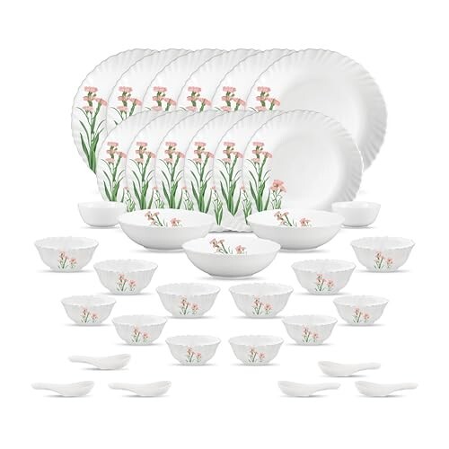 La Opala Opal Glass Crockery | for Family of 6 | Dinner Set 35 pcs Pink Florets | Extra Light & White