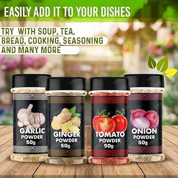 HARIBAS Combo Dry Onion Powder, Garlic Powder, Ginger Powder (Adrak/Sunth) and Tomato Powder 50gm Each |