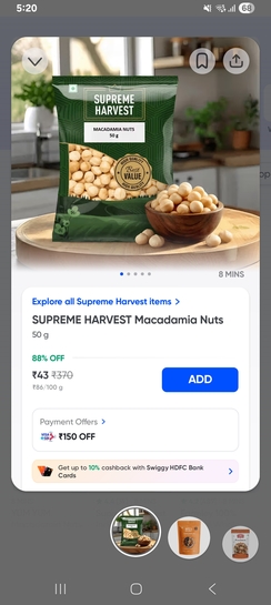 Instamart loot: Macadamia nuts 50gm at 43