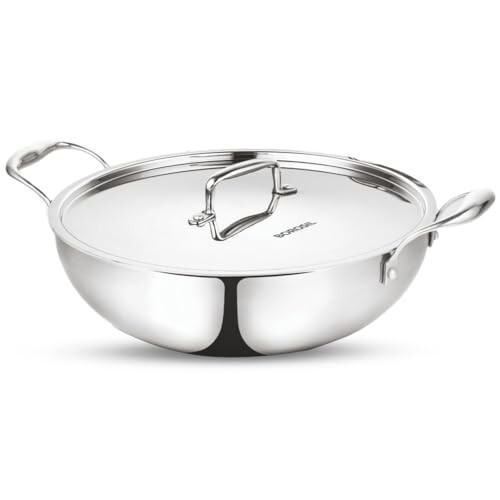 Borosil Cookfresh Tri-ply Stainless Steel Kadhai with Lid | Gas, Induction Compatible