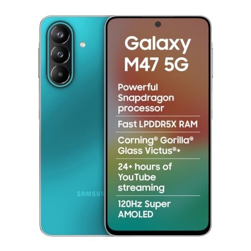 Samsung Galaxy M47 5G (Blaze Blue, 6GB RAM, 128GB Storage)| Powerful Snapdragon Processor| Fast LPDDR5x RAM,UFS 3.1 Storage| Gorilla Glass Victus+| IP64| Super AMOLED Display| 50MP OIS|AI| Gemini Live