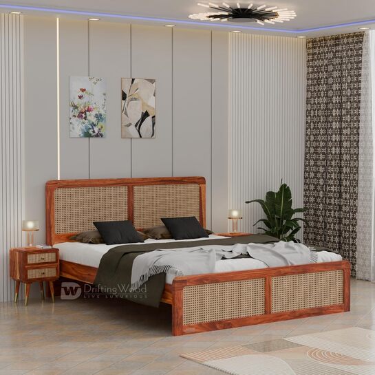 DRIFTINGWOOD Camber Solid Sheesham Wood King Size Bed Without Storage | Rattan Cane Headboard & Footboard