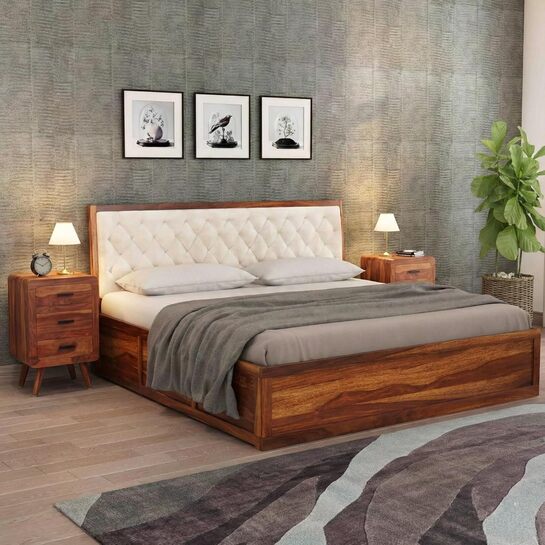 DRIFTINGWOOD Sheesham Wood King Size Bed with Box Storage + 2 Bedside Tables @ ₹35,299 (MRP ₹65,000)