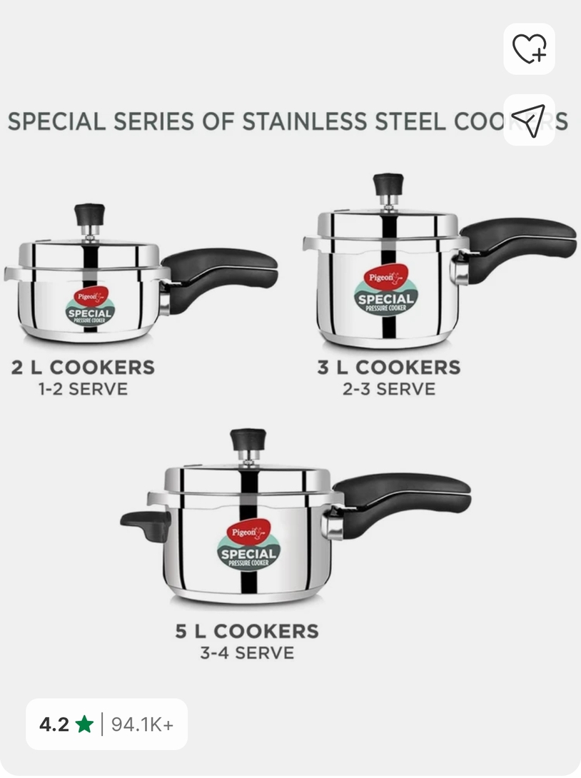 Pigeon Special and 2 L, 3L, 5 L Induction Bottom Pressure Cooker (Stainless Steel)