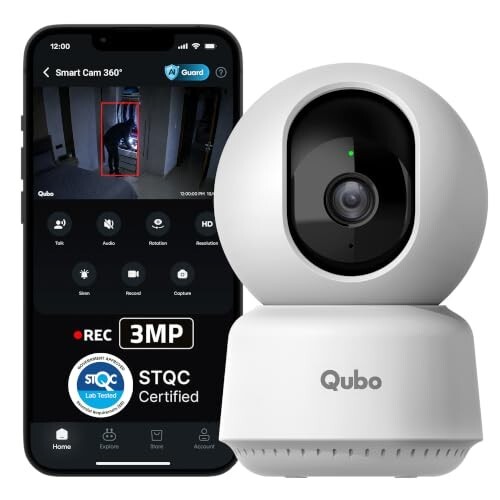 Qubo Smart Cam 360° 3MP [2026 Edition] by Hero Group | STQC Certified | AI Person Detection | Intruder Alarm | Color Night Vision 