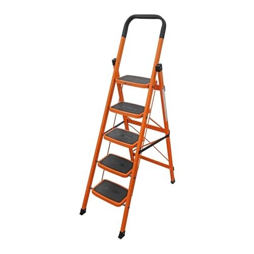 BonKaso Premium Alloy Steel Heavy Duty Multipurpose Foldable 5 Step Ladder with Connecting Frame & Belt Support, Load Capacity Upto 120kg for Home and Outdoor - (Orange)