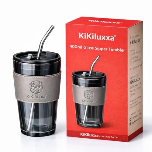 KiKiluxxa Glass Coffee Sipper Mugs with Lid & Straw Pack of 1, 400ml Multipurpose Drinking Glasses Tumbler with Leather Sleeve Cup for Juice Smoothies Iced Tea Home & Travel (Black)