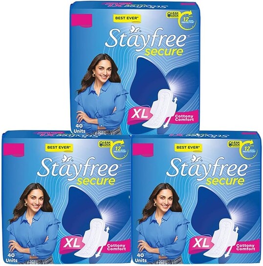 Stayfree Secure xl | Combo packs 120 Pads | Cottony Soft Sanitary Pads for Women | with Leak Lock Technology | Odour Control | Absorbs upto 100% Fluid | Up to 12 Hours of Protection |