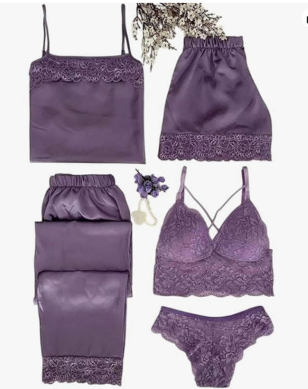 Valentine's Day Fancy Night Suit & Bra Penty Set Combo for Women's Pack of 7 Pcs Nightwear Lingerie Purple Nightwear Wedding Gifts (Free Size)