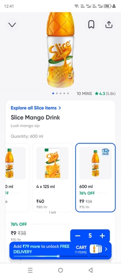 Instamart - 600ml mango drink @ Rs.9
