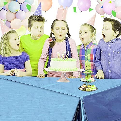 Crackles Blue Rectangular Shiny Metallic Tinsel Foil Solid Color Reusable Table Cover 