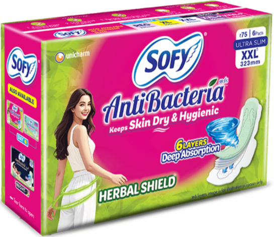 Sofy pack of 50 XXL (323 mm) anti-bacterial day-use pads with  herbal shield 