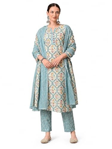 Amazon Brand - Tavasya Womens Floral Printed Regular Pure Cotton Kurta with Trousers & Dupatta