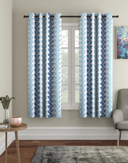 Cortina 150 cm (5 ft) Window Polyester Semi Transparent Curtain (Pack Of 2) (Blue, Floral)