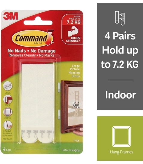 Command 3M Large Picture Hanging Strips, Holds upto 7.2kg, Self Adhesive, 4 Pairs Hook 1 (Pack of 1)