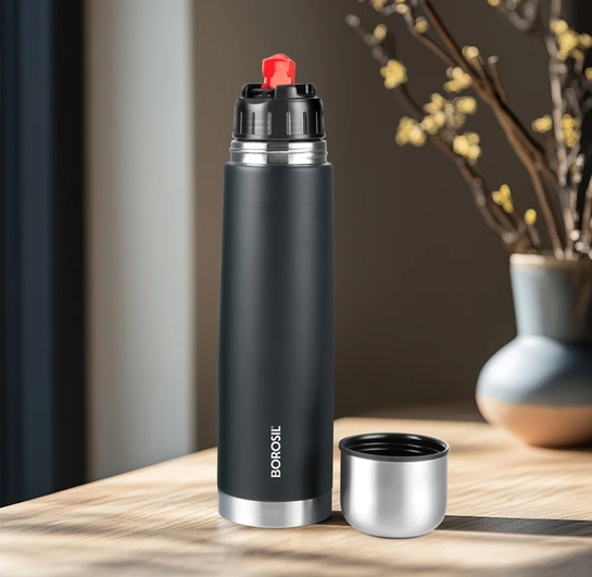 BOROSIL 24 Hours Hot & Cold Thermo Double Wall Vaccum Insulated Steel Flask Bottle 1000 ml Steel Flask (Pack of 1, Black)