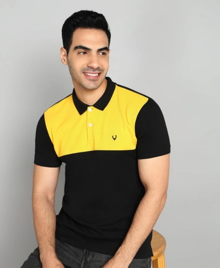 Allen Solly Men Colorblock Polo Neck Cotton Blend Black, Yellow T-Shirt