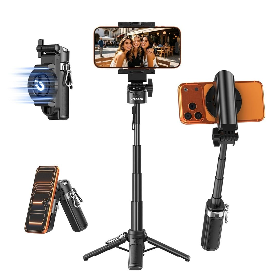 GRENARO Tripod Stand for Phone, Mini Selfie Stick Tripod with Magnetic & Clamp Holder, Up to 16.5in, 4-Leg Base, Lightweight & Portable, Detachable Bluetooth Remote for iPhone/Android Vlog/Photo