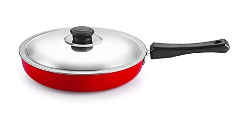 NIRLON Aluminium Non Stick Gas Friendly Frying Pan with Stainless Steel Lid-28cm, 3.2 Litre (Red)