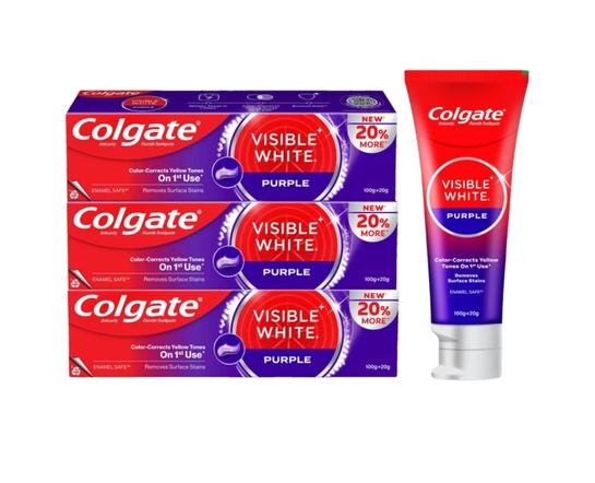 Colgate Visible White Purple Toothpaste Color-Corrects Yellow Tones on 1st Use^ 120gx3pc Toothpaste (360 g, Pack of 3)