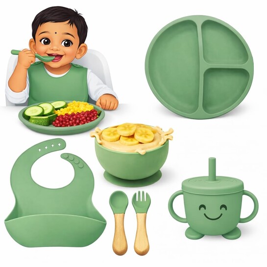 SJC Global Silicone Toddler Tableware Set 6 Pcs | Suction Bowl Plate Spoon Fork Bib Cup | BPA Free