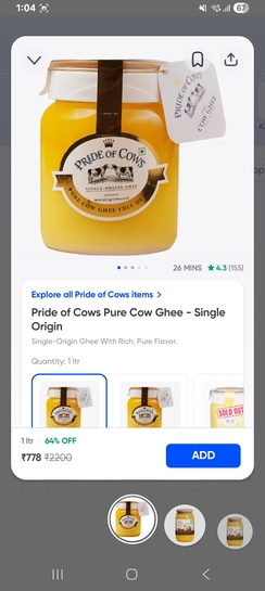 Instamart: Pride of Cow 1kg ghee at 778