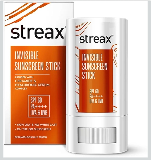 Streax Sunscreen Stick SPF 60 PA++++,20 g|Broad-Spectrum UV Care|Hyaluronic Acid & Ceramides Serum complex |Non-Greasy & No White Cast|Travel-Friendly & Fuss-Free Application