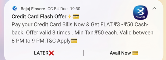 Bajaj Finserv CC Bill Payment Offer – Get ₹3–₹50 Cashback, Minimum Trxn Rs 50 (User Specific)