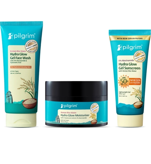 Pilgrim Korean Rice Water Facewash, Hydra Glow Moisturizer & Gel Sunscreen Combo (3 Items in the set)