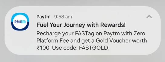Paytm: ₹100 Gold Voucher on Fastag recharge of min ₹200 [user specific]