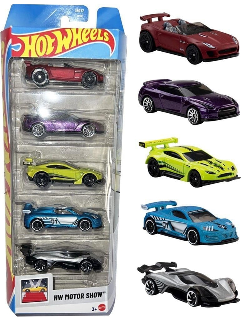 Hot Wheels Car 2026 Motor Show Pack of 5 (15 Jaguar F-Type Project 7, 2009 Nissan GT-R, Aston Martin Vantage GT3, Celero GT, Renault Sport R.S. 01) Multi - Color