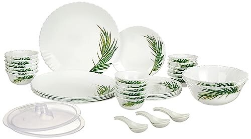 Larah by Borosil Crescent Fluted Series Opalware Dinner Set | 40 Pieces for Family of 6 | White