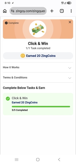No purchase just click and win 20 zingcoins (may be account specific)