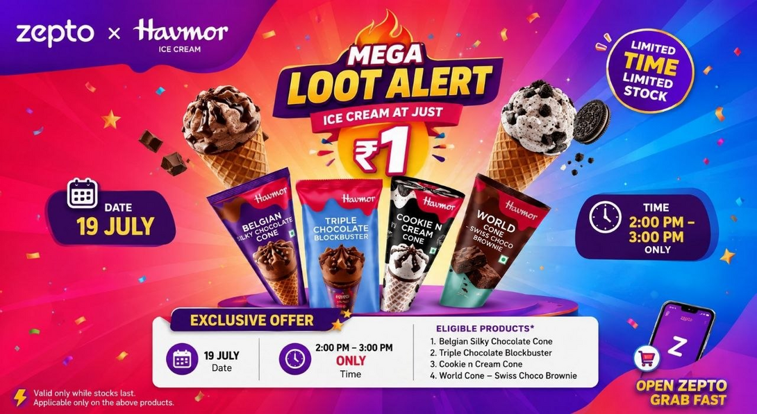 Zepto: Havmor Ice Creams @ ₹1 Only | Today 2 PM–3 PM | Limited Stock